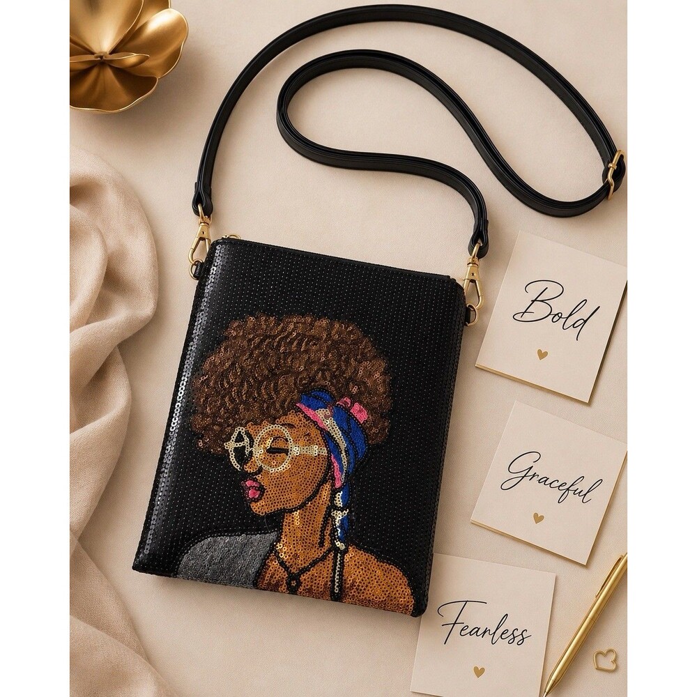 UNNI Black Sequin Crossbody Bag Natural Hair Woman Purse Gold Accent Bag
